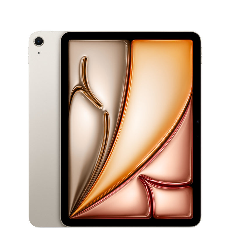 An Apple iPad Air M4 (11-inch) in silver is shown with its Liquid Retina display on, featuring an abstract beige, gold, and bronze design. Its single rear camera and part of the back are visible behind the screen.