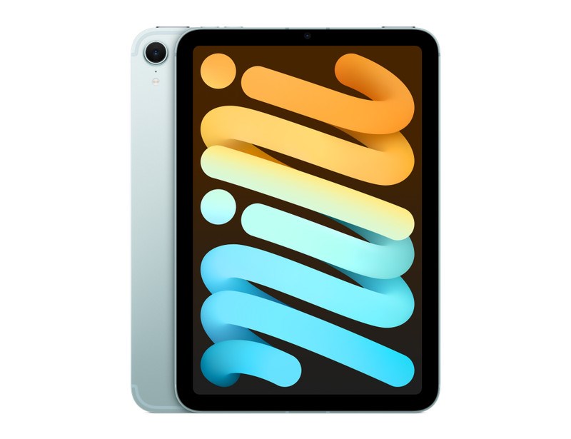 The Apple iPad mini 256GB Wi-Fi+Cellular (A17 Pro) in Blue features a sleek design with a black bezel, vibrant "mini" abstract display, rear camera, and supports both Wi-Fi and cellular connectivity.