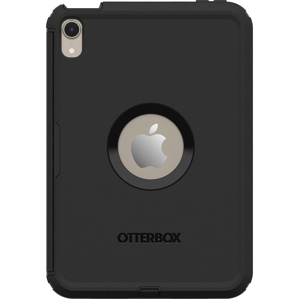 A black OtterBox Defender Case for iPad mini 6 (A17 Pro) features a circular cutout displaying the Apple logo, reinforced corners, and "OtterBox" branding printed below the cutout.