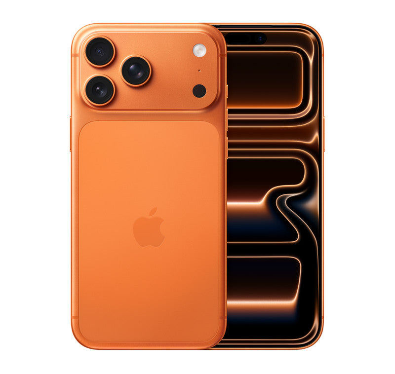 An orange Apple iPhone 17 Pro Max 256GB is shown with both its back and front visible. The back features three cameras and a flash, while the screen displays an abstract glowing black and gold pattern.