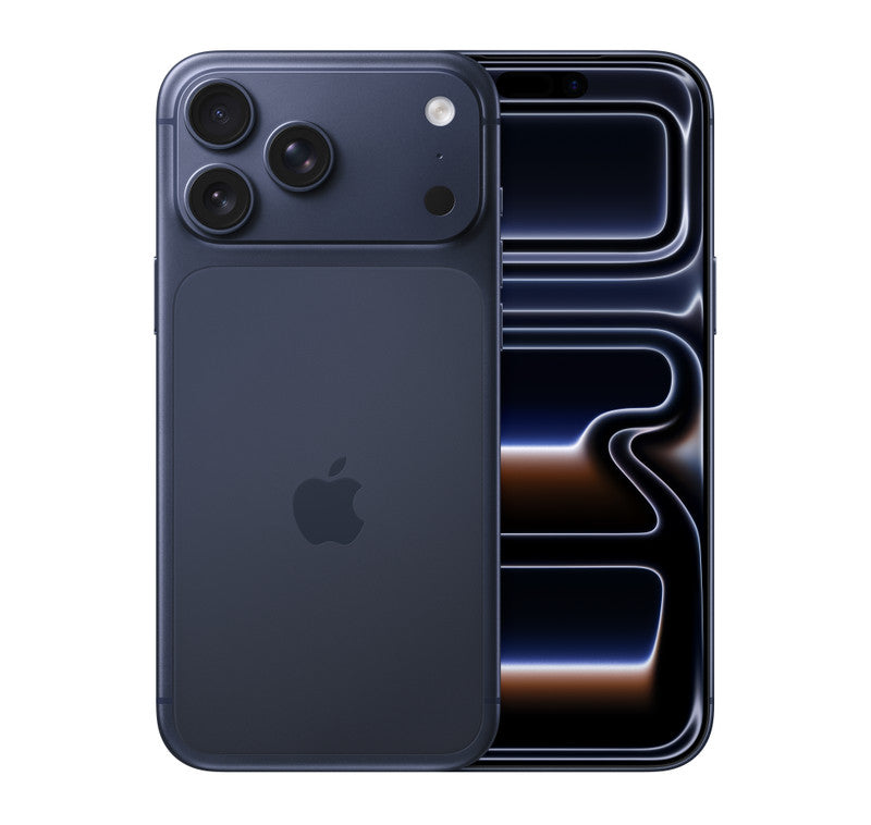 The Apple iPhone 17 Pro Max 256GB in dark blue features a bright abstract wallpaper on the front, with the Apple logo and triple rear cameras in the top left corner on the back.