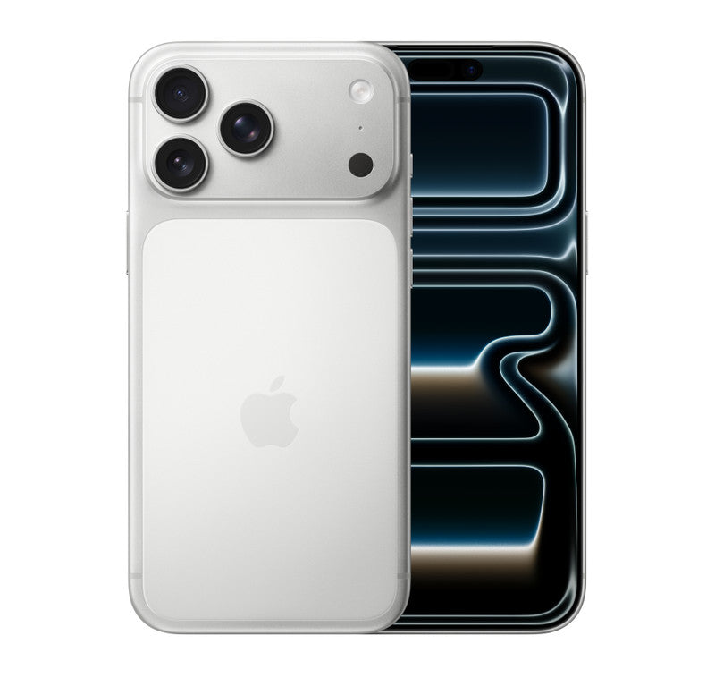 The Apple iPhone 17 Pro Max 256GB in silver is shown front and back, featuring three rear cameras, the Apple logo, and a glowing abstract black and blue wallpaper on the screen.