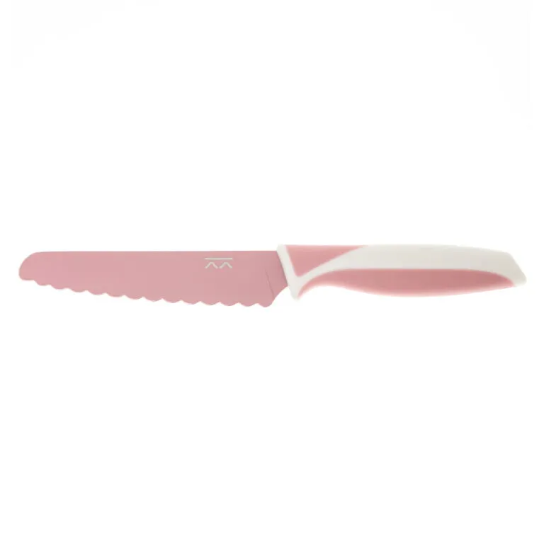 The KiddiKutter Knife [Blush Pink] by KiddiKutter features a serrated, child-safe blade and a white and pink handle—an ideal kids kitchen tool—shown here on a white background.