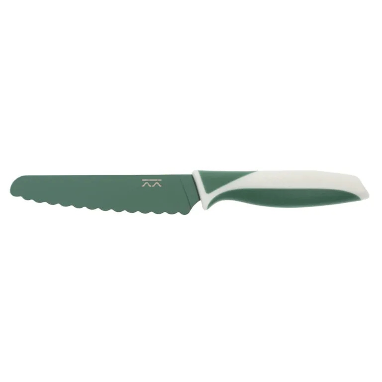 The KiddiKutter Knife [Fern] by KiddiKutter is a green and white child-safe kitchen knife with a serrated edge and curved handle, shown on a white background—ideal for kids to safely prep food.