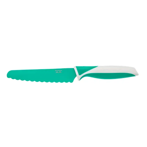 The KiddiKutter Knife [Green] by KiddiKutter is a child-safe kitchen tool with a green serrated blade and matching handle, ideal for introducing kids to safe cutting, shown against a plain white background.