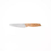 The KiddiKutter Kid Safe Knife [Wooden] by KiddiKutter, featuring a serrated stainless steel blade and a wooden handle engraved with “kiddikutter,” is shown against a plain white background.