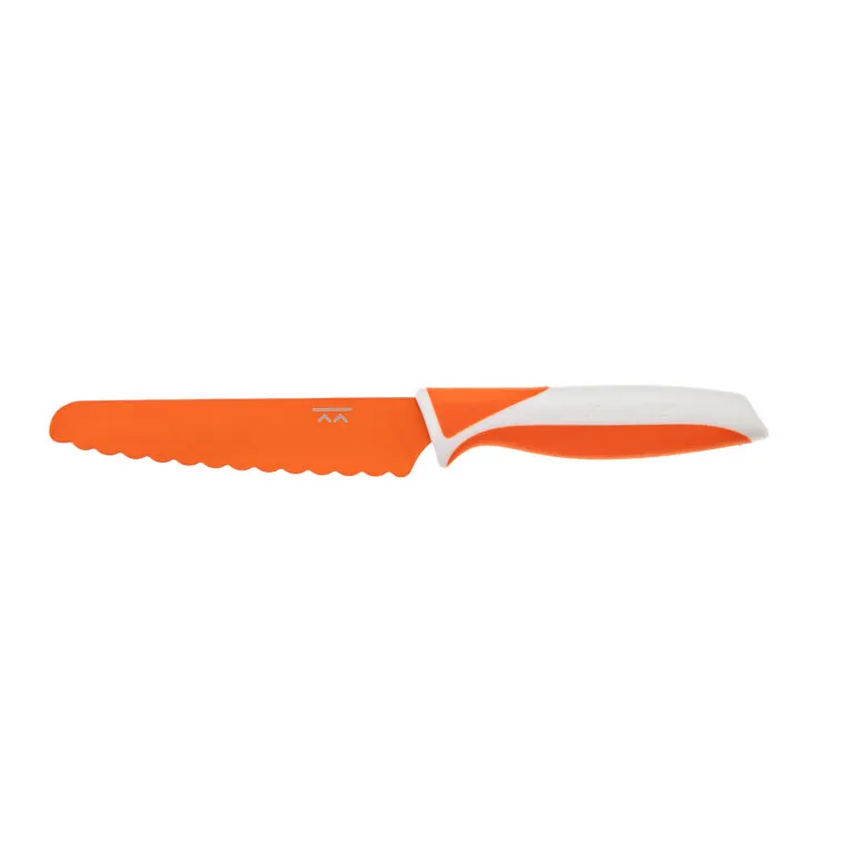 The KiddiKutter Knife [Orange] by KiddiKutter is a child-safe, serrated knife featuring an orange blade and an ergonomic white and orange handle, shown on a plain white background.