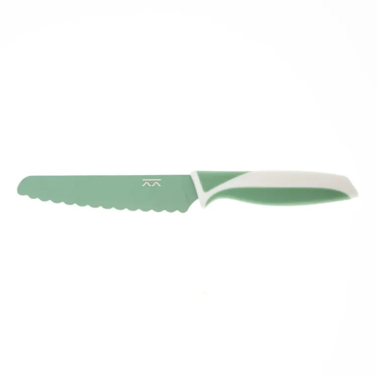 The KiddiKutter Knife [Sea Green] by KiddiKutter features a serrated blade and a white and green handle, shown isolated on a white background.