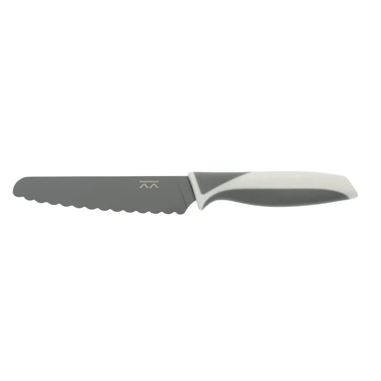 The KiddiKutter Knife [Smokey Grey] by KiddiKutter is a child-safe, serrated kitchen knife with a gray blade and white-gray handle—an ideal kitchen tool for little chefs—pictured on a plain white background.