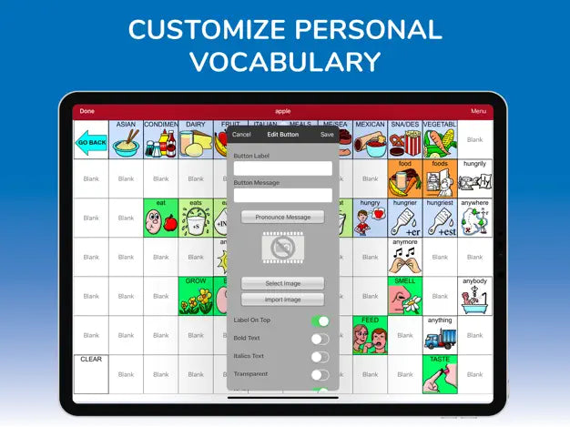 An iPad running the LAMP Words For Life App by Assistive Tech shows a customizable AAC grid for food and actions, with a settings window for editing icons. A blue banner reads CUSTOMIZE PERSONAL VOCABULARY—ideal for augmentative communication.