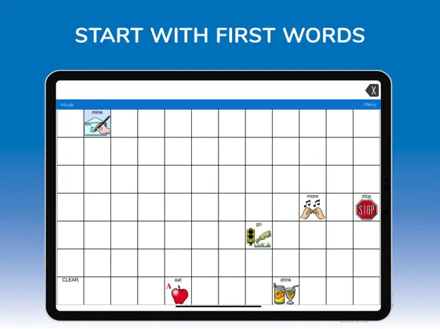 An iPad shows the Assistive Tech LAMP Words For Life App, with a grid of images and words like “mine,” “eat,” or “go” and the heading “START WITH FIRST WORDS,” supporting augmentative and alternative communication.