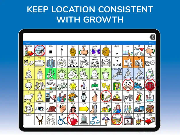 The Assistive Tech LAMP Words For Life App for iPad displays a colorful AAC grid with highlighted icons. Above, “KEEP LOCATION CONSISTENT WITH GROWTH” illustrates key augmentative communication principles.