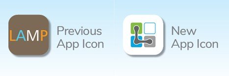 Side-by-side comparison of the old LAMP Words For Life app icon (brown with colorful "LAMP") and new AAC iPad icon (white, abstract blue/green/gray) for Assistive Tech's LAMP WFL AAC Rugged Communication Bundle (iPad A16 11th Gen/128GB + GoNow Case).