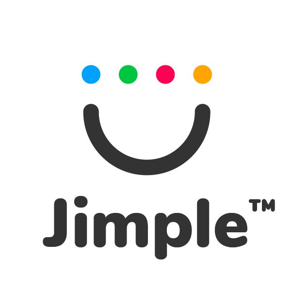 Logo features a curved black smile, four colored dots (blue, green, red, orange), and bold black "Jimple™" text below. Represents Jimple AAC Communication App (1 year license) for speech-disabled users. White background. Brand: Jimple.