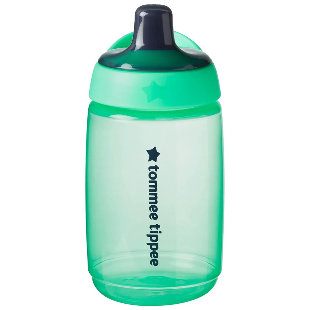 The Tommee Tippee Closer to Nature Sportee Cup 390ml is a green sippy cup with a dark blue lid and spout, featuring the brand's name and star logo on the side. Its leak-proof design makes it ideal for active toddlers.