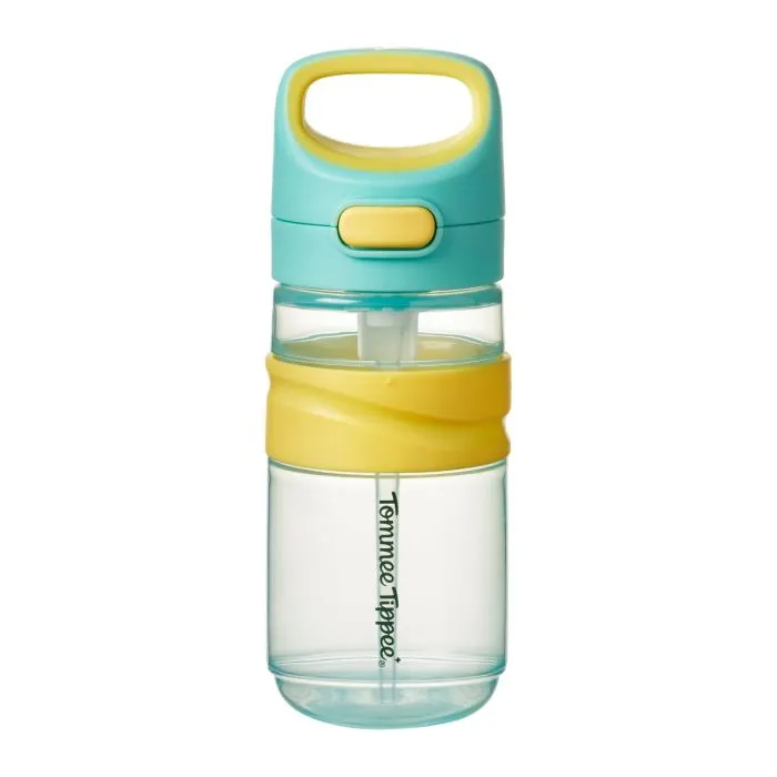 The Tommee Tippee On-the-Go Straw Cup 500mL is a clear, BPA-free toddler cup with a turquoise cap, yellow accents, flip-top lid, built-in straw, leak-proof design, convenient handle, and “Tommee Tippee” branding.