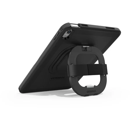 The OtterBox Defender Case (for iPad 10th/11th Gen) with Handstrap v2 features a rugged design, built-in rotating hand strap, and stand to prop up your tablet. Camera and button cutouts by Otterbox allow easy access.