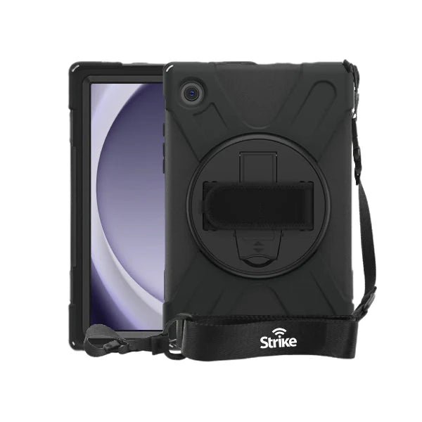 The Strike Rugged Case with Hand Strap and Lanyard for Samsung Galaxy Tab A9+/A11+ is shown on a tablet. It features a shockproof design, rotating kickstand, detachable shoulder strap, and the Strike logo on the strap.