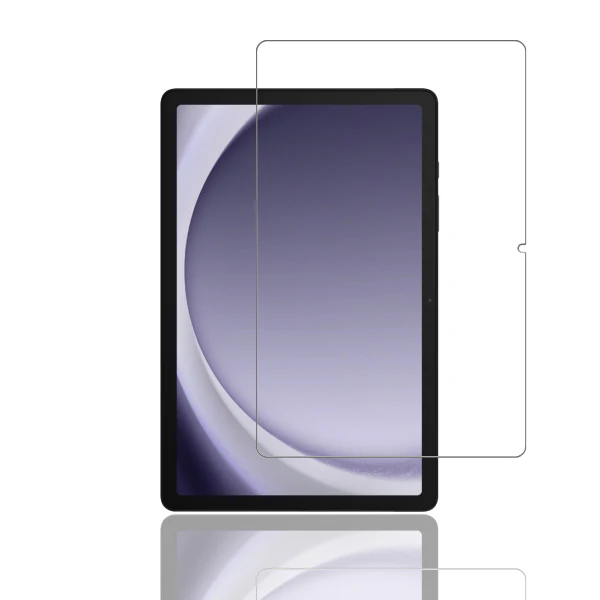 A black-framed tablet, likely the Samsung Galaxy Tab A11+, shows a gradient background as a Strike Glass Protector (for Samsung Galaxy Tab A9+/A11+) by Strike is placed in front, slightly offset to the right.