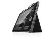 An iPad encased in the STM Dux Plus Case for iPad Air M2/M3/M4/4th/5th Gen by STM is shown propped in landscape mode, displaying a grayscale image of a person standing outdoors near a large modern structure.