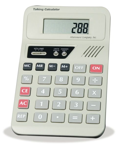 A classic beige 'Talking Calculator' with a digital LCD screen displaying '288.', featuring red accent buttons for CE and AC, and gray buttons for the rest of the keypad.
