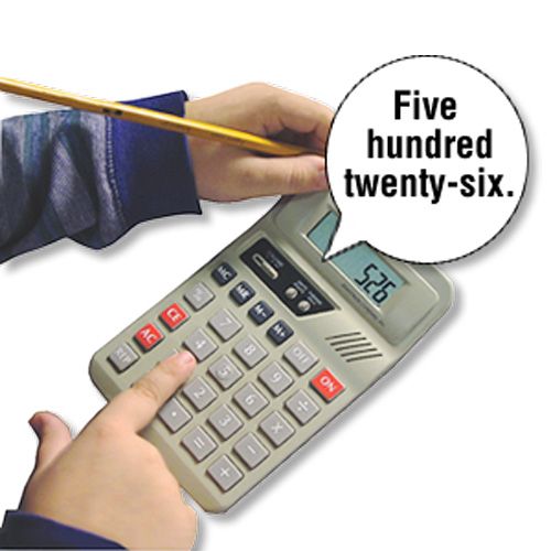 A beige pocket calculator with gray buttons and red equals keys, shown with two human hands interacting with it. One hand holds a pencil near the top, and a speech bubble reads 'Five hundred twenty-six.