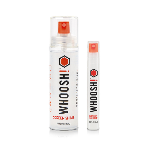 WHOOSH! Screen Shine Duo sprays showing the full-size bottle and 30ml pocket spray, providing both home and travel screen cleaning for phones, tablets and laptops.
