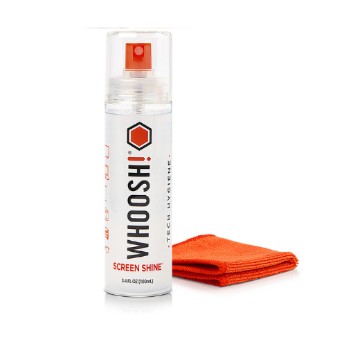 WHOOSH! Screen Shine Go XL spray with orange microfibre cloth on a white background, showing a portable, high-capacity screen cleaner for phones, tablets, laptops and larger displays.