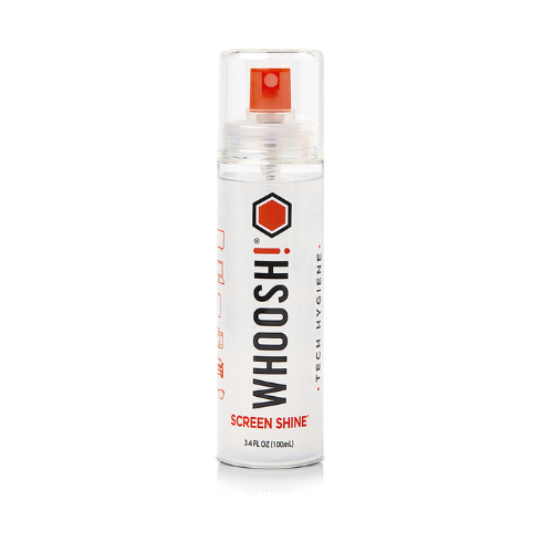 WHOOSH! Screen Shine Go XL spray bottle on a white background, showing a larger-capacity portable screen cleaner for phones, tablets, laptops and car touchscreens.