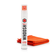 WHOOSH! Screen Shine pocket spray with orange microfibre cloth on a white background, showing a compact, travel-friendly way to keep screens clean and fingerprint-free.