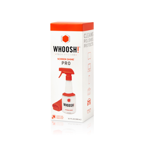 WHOOSH! Screen Shine Pro retail box on a white background, showing the premium screen cleaning kit designed to clean, polish and protect devices.