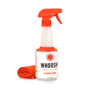 WHOOSH! Screen Shine spray bottle with orange microfibre cloth on a white background, showing a simple, safe way to clean screens and devices without streaks or fingerprints.