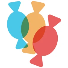 Three overlapping candies—blue, orange, and red with twisted wrappers—symbolize connection and inclusion, evoking the Assistive Tech CoughDrop (Communicator Access) App for iPad, created for individuals with complex communication needs.