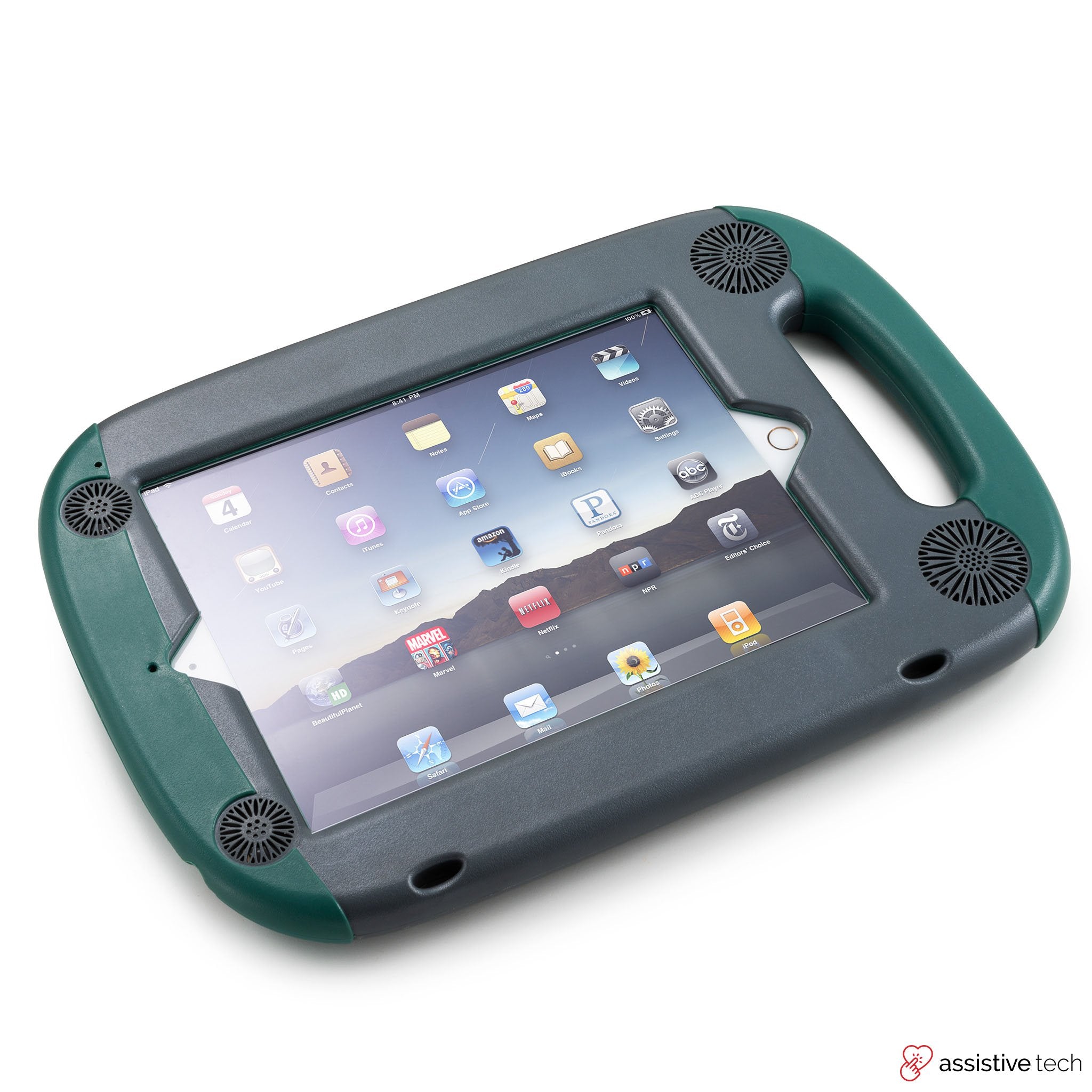 An iPad 2nd/3rd/4th Gen in an Attainment GoNow Rugged Case—a thick, green and black shock-absorbing cover with large side handles and corner speakers—displays various app icons on its screen.