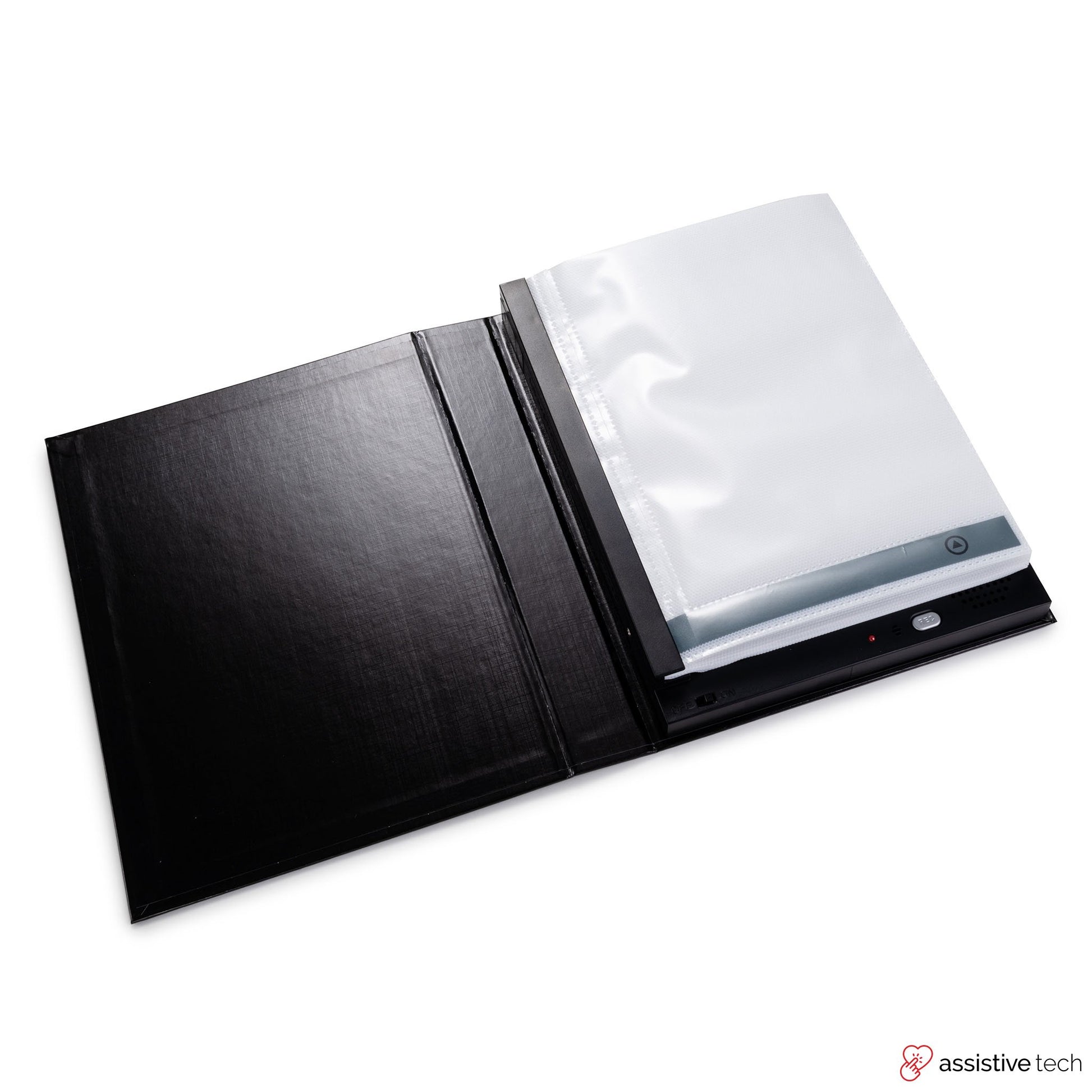 The Attainment Talking Photo Album is a black binder with a tactile display and transparent sheets, serving as an assistive communication aid. When open, the device appears on the right, enhancing accessibility like modern photo albums.