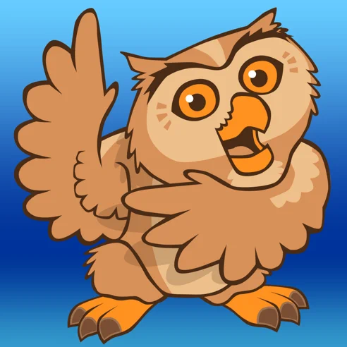 A cartoon owl with orange eyes and beak raises one wing in a playful gesture on a blue gradient background—perfectly representing AssistiveWare's Proloquo2Go AAC App for iPad.