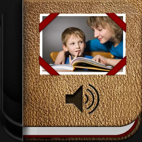 The Pictello Visual Stories App for iPad by Assistive Tech features a speaker icon, a photo of a smiling woman and boy reading, and red ribbons, highlighting visual storytelling and accessibility.