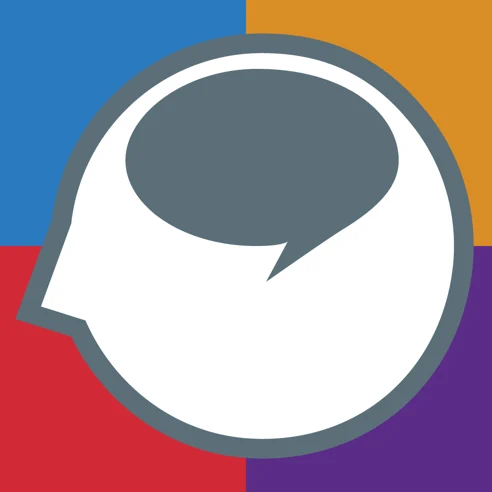 A stylized white human head in profile with a dark speech bubble, set on blue, orange, red, and purple quadrants—perfect branding for Language Therapy 4-in-1 App for iPad by Assistive Tech.