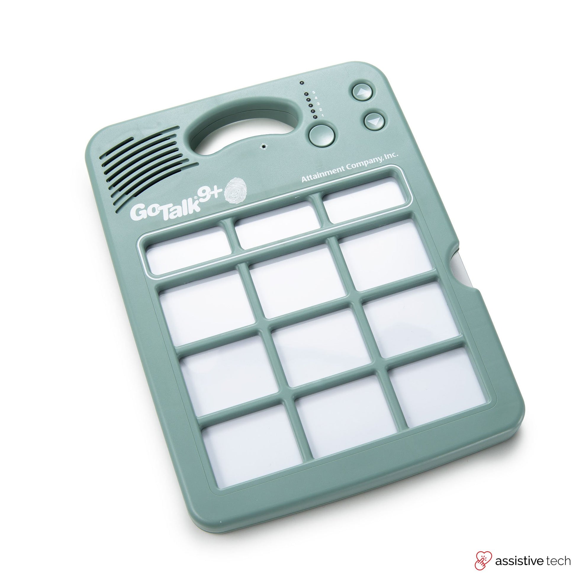 A green GoTalk 9+ Lite Touch AAC device by Attainment with nine square buttons, speaker, and top control buttons, designed for assistive communication. “GoTalk 9+” logo and Attainment branding are visible.
