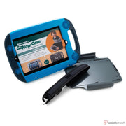 A blue Attainment GoNow Package for iPad 7th/8th/9th Gen is shown with a screen displaying instructions, a detachable stand, and black shoulder strap. This shock-absorbing case is designed for assistive technology use.