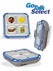 The Attainment GoTalk Select is a wearable AAC device with four buttons displaying icons: a question mark, smiling face, sandwich, and juice box. Three views of the device are shown, with the GoTalk Select logo at the top right.