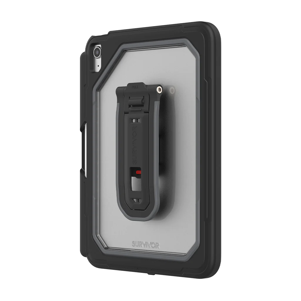 The Griffin Survivor All-Terrain Case for iPad A16/10th/11th Gen features a reinforced black border, built-in rotating hand strap, kickstand, and meets MIL-STD-810G durability standards for a secure, comfortable grip.