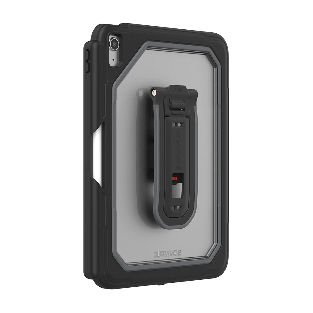 The Griffin Survivor All-Terrain Case (for iPad A16/10th/11th Gen) is a rugged black and gray protective case with reinforced corners, transparent panels, and a built-in rotating clip. MIL-STD-810G compliant for superior defense in tough conditions.