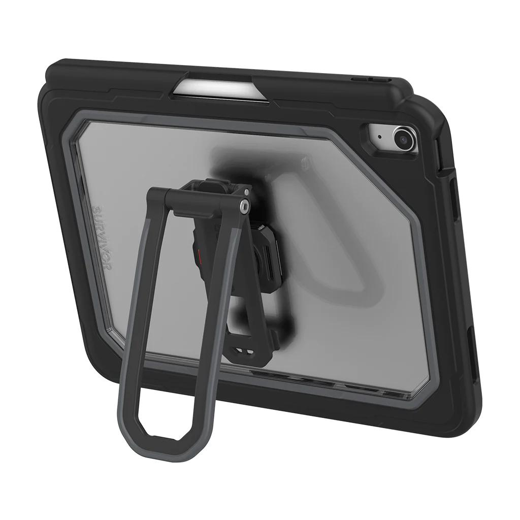 The Griffin Survivor All-Terrain Case for iPad A16/10th/11th Gen is a black MIL-STD-810G rugged case with a built-in kickstand and transparent back to showcase your tablet’s camera and logo.