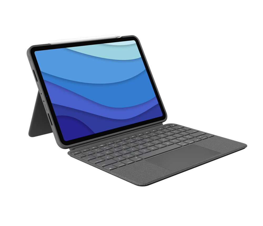 An iPad 12.9 (5th/6th Gen) in a Logitech Combo Touch Keyboard Case is propped up with its kickstand on a plain white background, displaying a blue wavy design. A stylus rests on top of the tablet. Brand: Logitech.