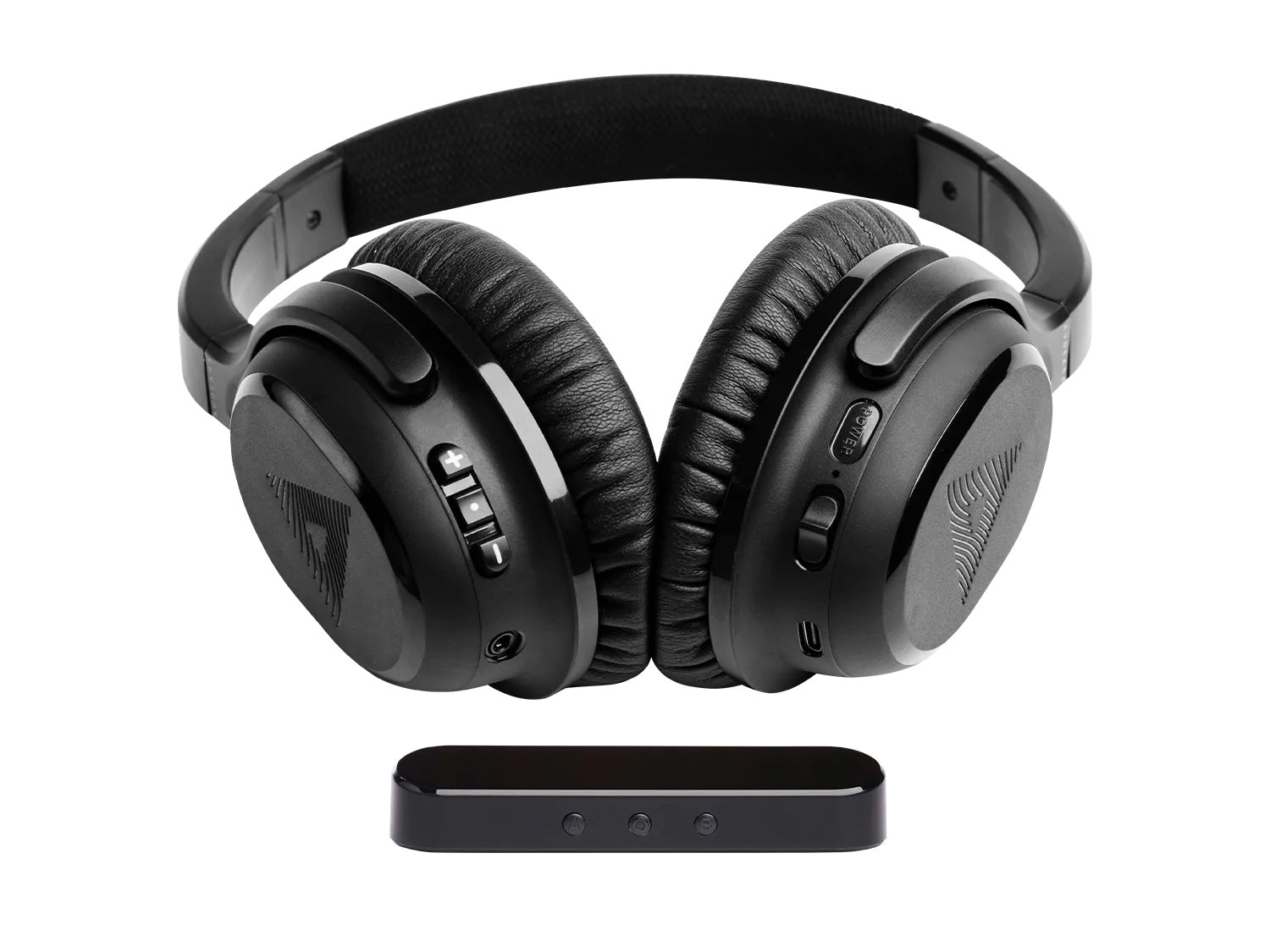 The Audeara A-02 Noise Cancelling Headphones TV Bundle by Audeara features black over-ear wireless headphones with padded ear cups, side buttons, and a compact control device for immersive Bluetooth TV audio on a white background.