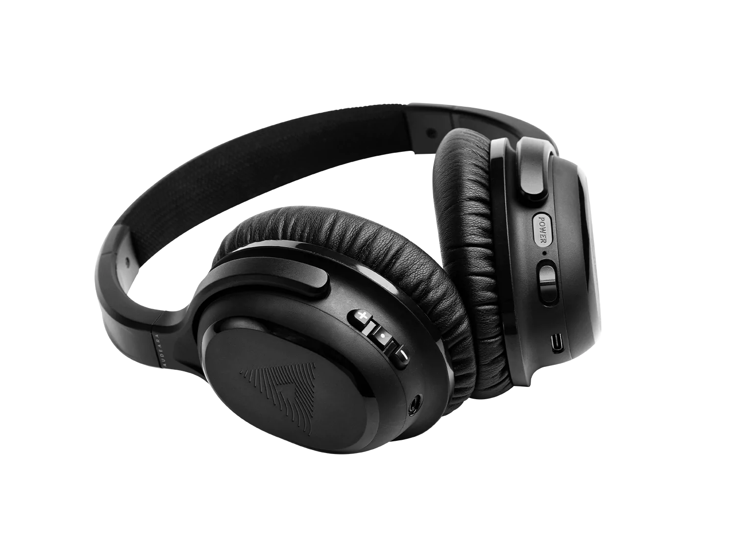 The Audeara A-02 Noise Cancelling Headphones by Audeara are black over-ear wireless headphones with cushioned ear pads, active noise cancellation, and visible control buttons, displayed on a plain white background.