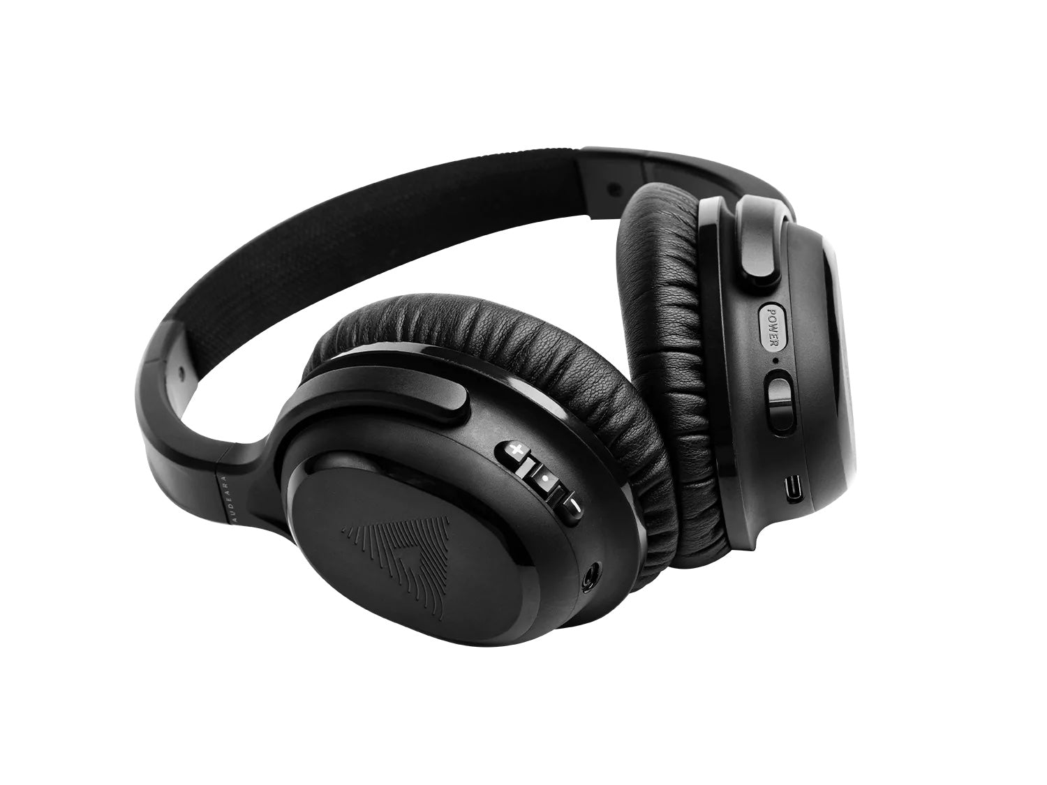 The Audeara A-02 Noise Cancelling Headphones TV Bundle features black, over-ear wireless headphones with padded ear cups and headband, control buttons on the right cup, a subtle triangle logo, and personalized audio technology for immersive TV listening.