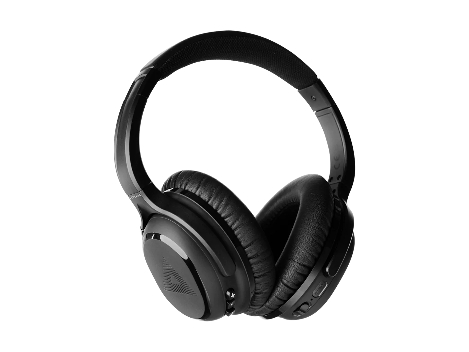 The Audeara A-02 Noise Cancelling Over-Ear Headphones by Audeara feature cushioned ear pads, a padded headband, control buttons on the right ear cup, and active noise cancellation. Displayed on a plain white background.