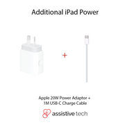 Image of the Apple 60W USB-C Charge Cable (1M) + Apple 20W Power Adapter Bundle, with a plus sign and “Additional iPad Power” and “assistive tech” text—ideal for fast iPad Pro charging. Brand: Apple.